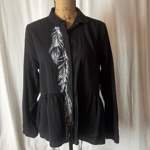 Tulip Peplum Button Up Tunic Black Seersucker White Painted Feathers Sz S